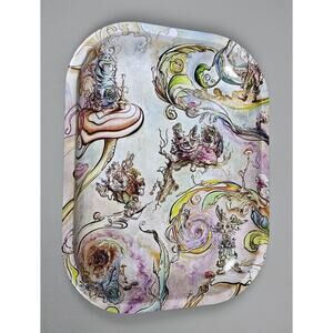 Whimsical Kuhmali Alice In Wonderland Themed Metal Rolling Tray 10x6 Colorful